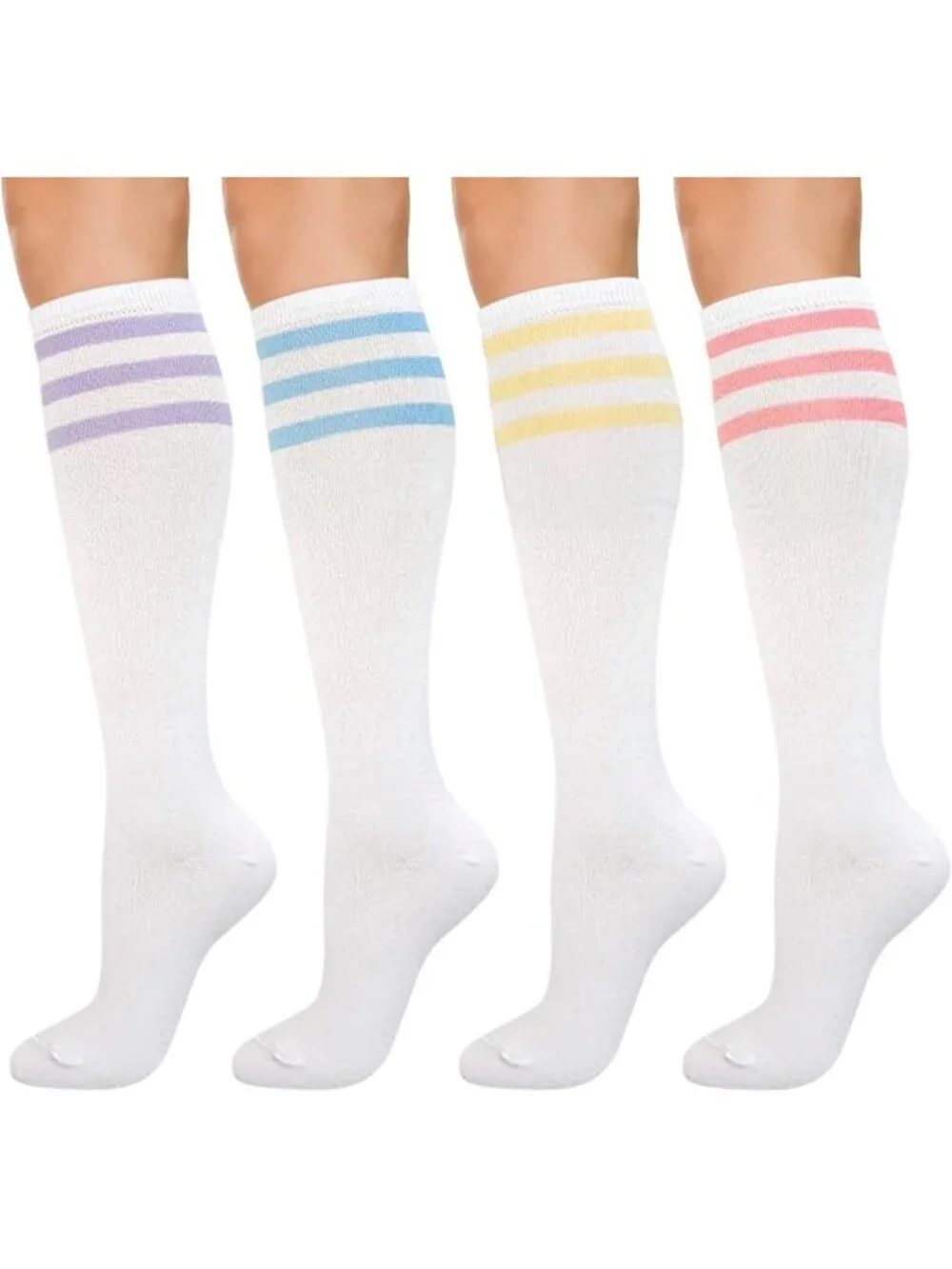 3 Pairs Women's Knee High Cotton Socks - Solid & Striped, Breathable
